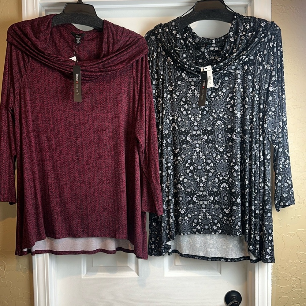 intro love the fit 
2 Plus Size Women Print Knit Jersey Drape Cowl Neck Tops